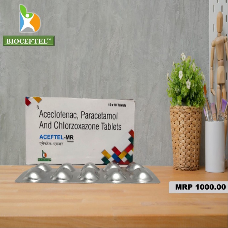 Aceftel MR Tablet, 
Aceclofenac 100 mg + Paracetamol 325 mg + Chlorzoxazone 250 mg